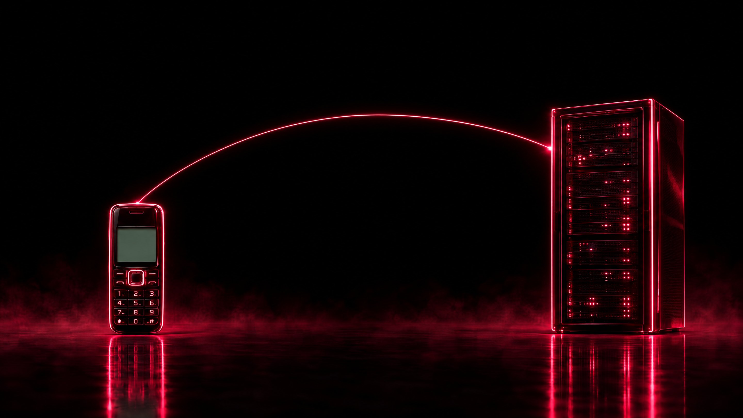 Ein altes Tastenhandy, über eine Lichtlinie mit einem Rechenzentrum verbunden