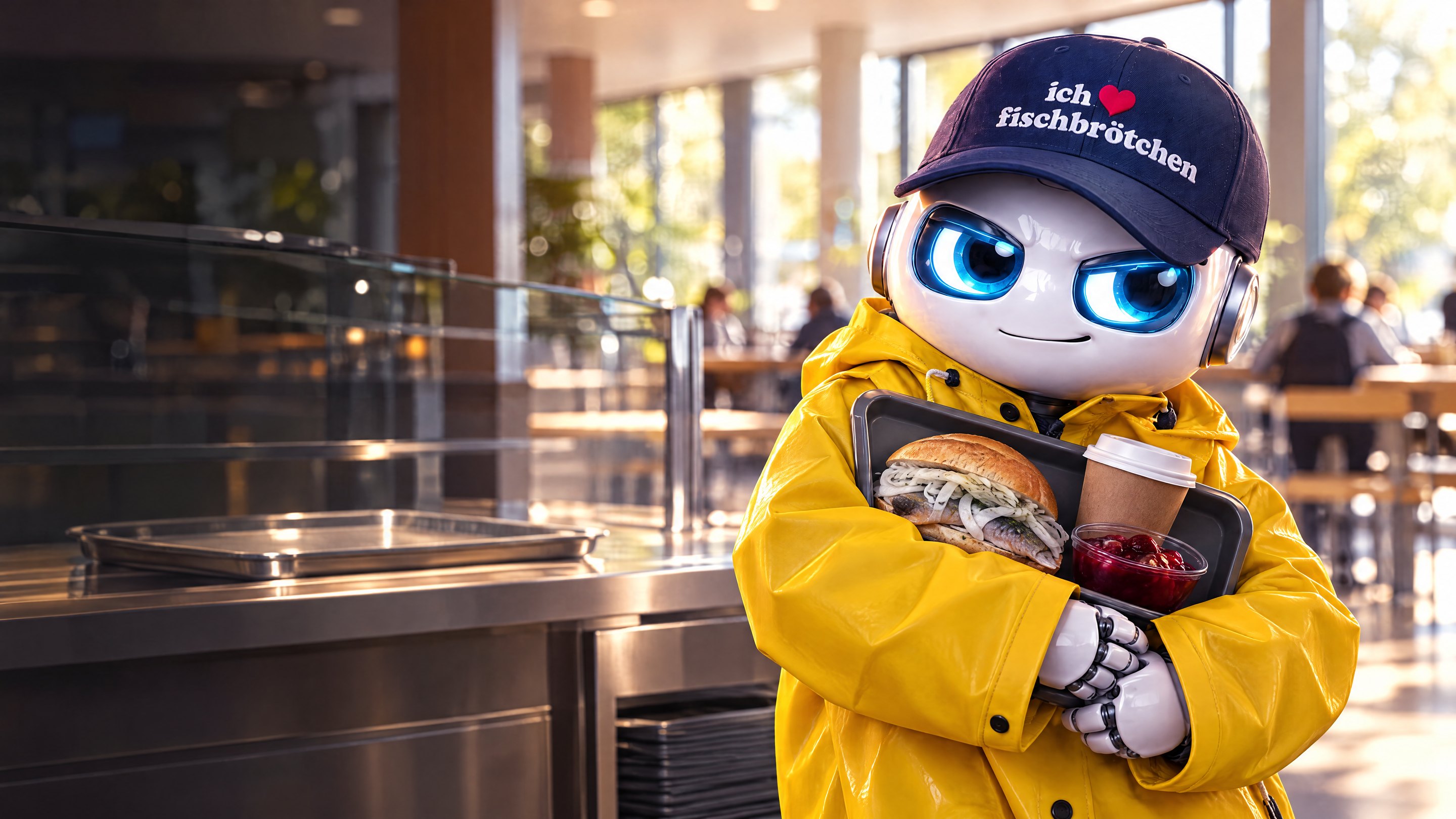 Der EDGE-Roboter im Friesennerz bewacht in der Mensa das letzte Fischbrötchen